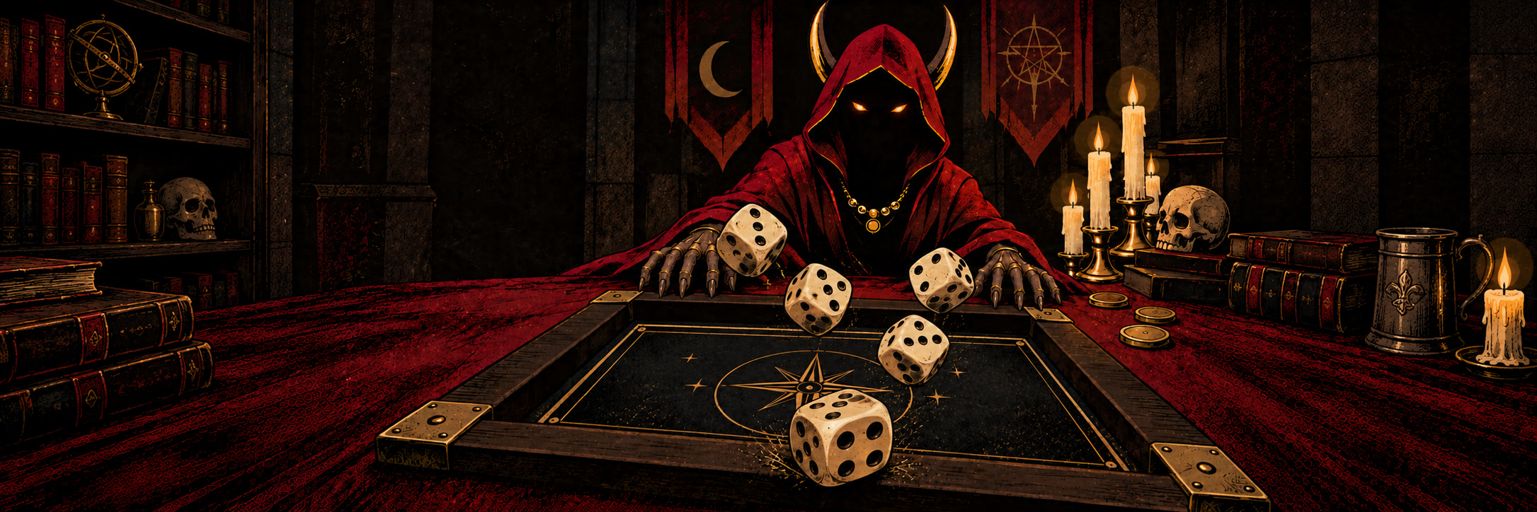 A wide banner of the inn: bookshelves, the devil at the table, candles and a tankard.