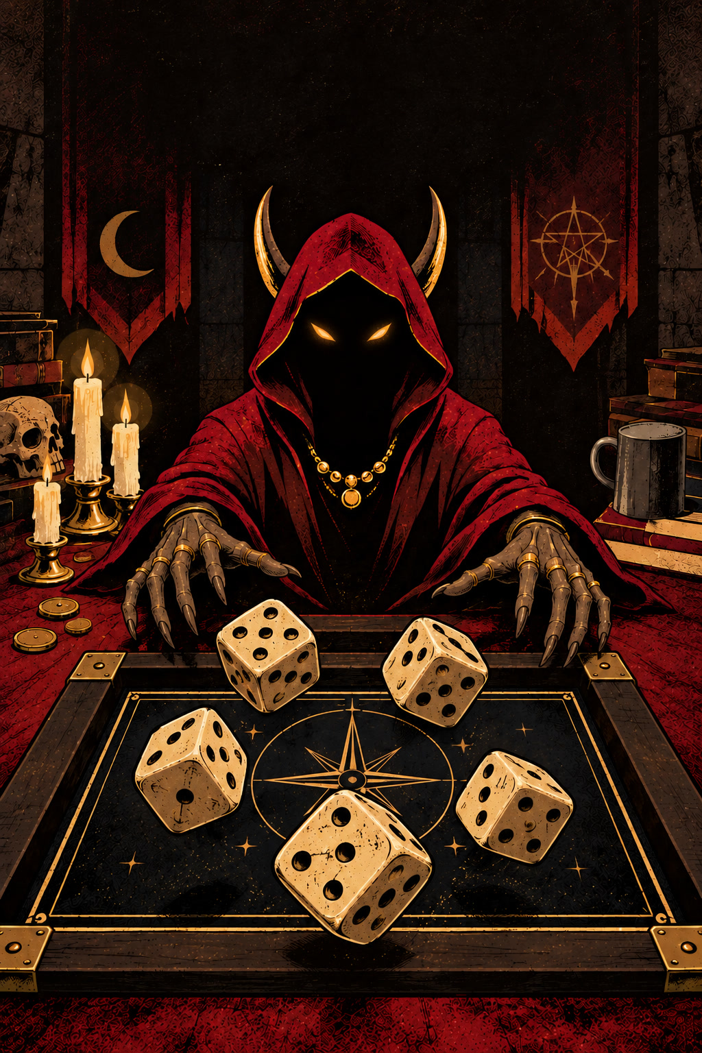 The devil looming over the tray in a tall frame, dice in mid-air below him.