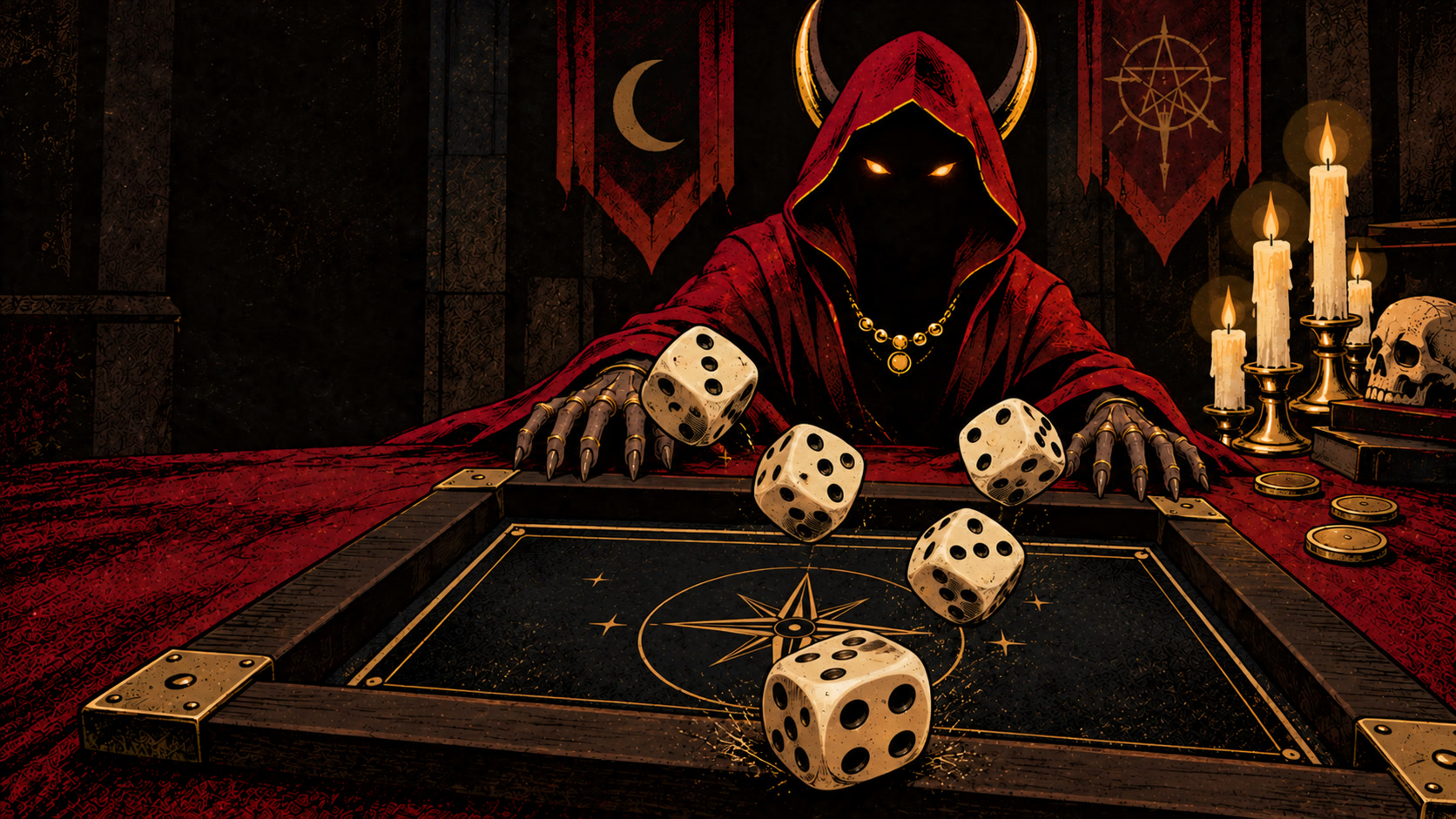 The horned, hooded devil across the dice tray, five bone dice tumbling towards the viewer by candlelight.